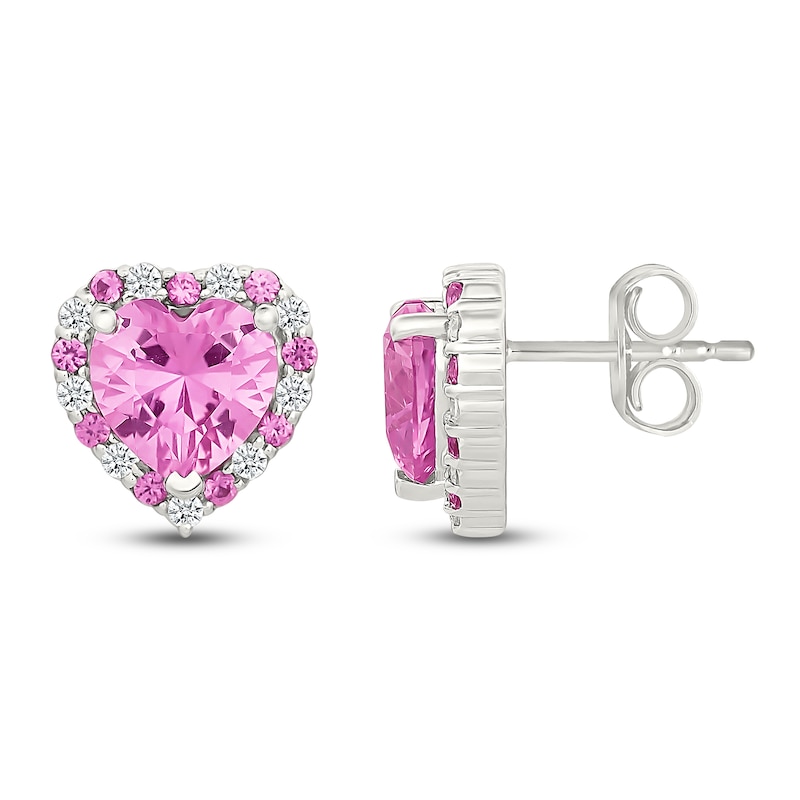 Main Image 3 of Heart-Shaped Pink & White Lab-Created Sapphire Halo Stud Earrings Sterling Silver