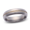 Thumbnail Image 1 of Men's Twist Inlay Satin Finish Domed Wedding Band Gray Titanium & 14K Yellow Gold 6mm