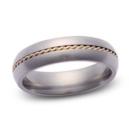 Men's Twist Inlay Satin Finish Domed Wedding Band Gray Titanium & 14K Yellow Gold 6mm