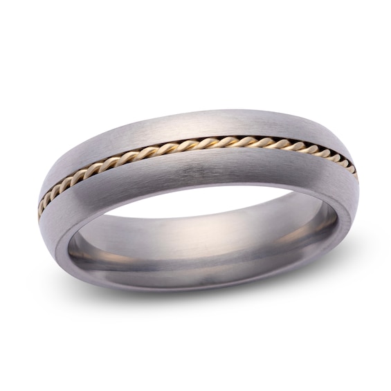 Men's Twist Inlay Satin Finish Domed Wedding Band Gray Titanium & 14K Yellow Gold 6mm