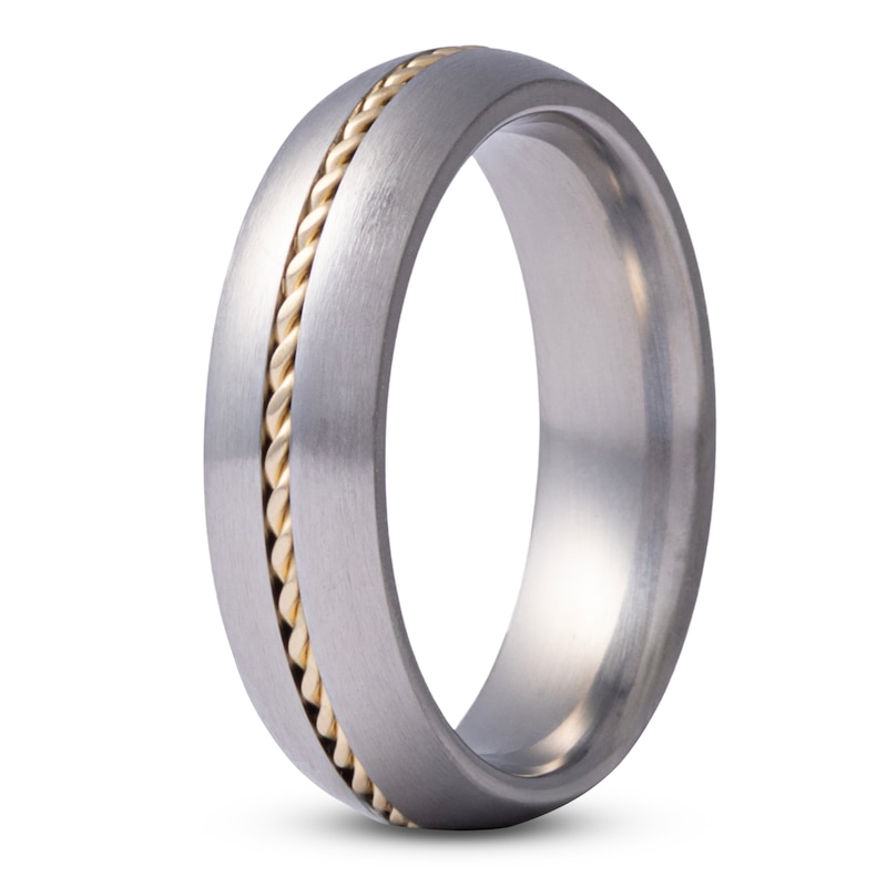 Main Image 2 of Men's Twist Inlay Satin Finish Domed Wedding Band Gray Titanium & 14K Yellow Gold 6mm
