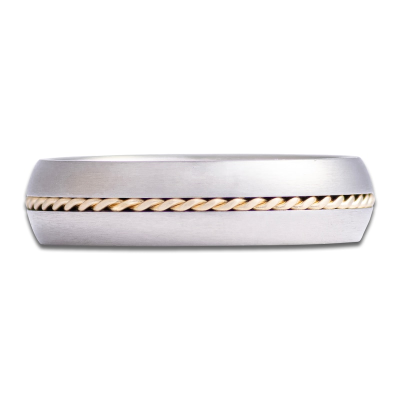 Main Image 3 of Men's Twist Inlay Satin Finish Domed Wedding Band Gray Titanium & 14K Yellow Gold 6mm