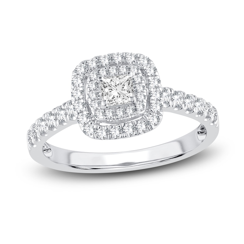 Main Image 1 of Diamond Double Halo Engagement Ring 3/4 ct tw Princess/Round 14K White Gold