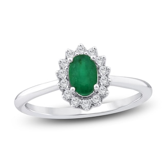 Oval-Cut Natural Emerald & Diamond Halo Ring 1/8 ct tw 14K White Gold