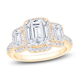 Certified Emerald-Cut Lab-Grown Diamond Three-Stone Halo Engagement Ring 3-1/3 ct tw 14K Yellow Gold