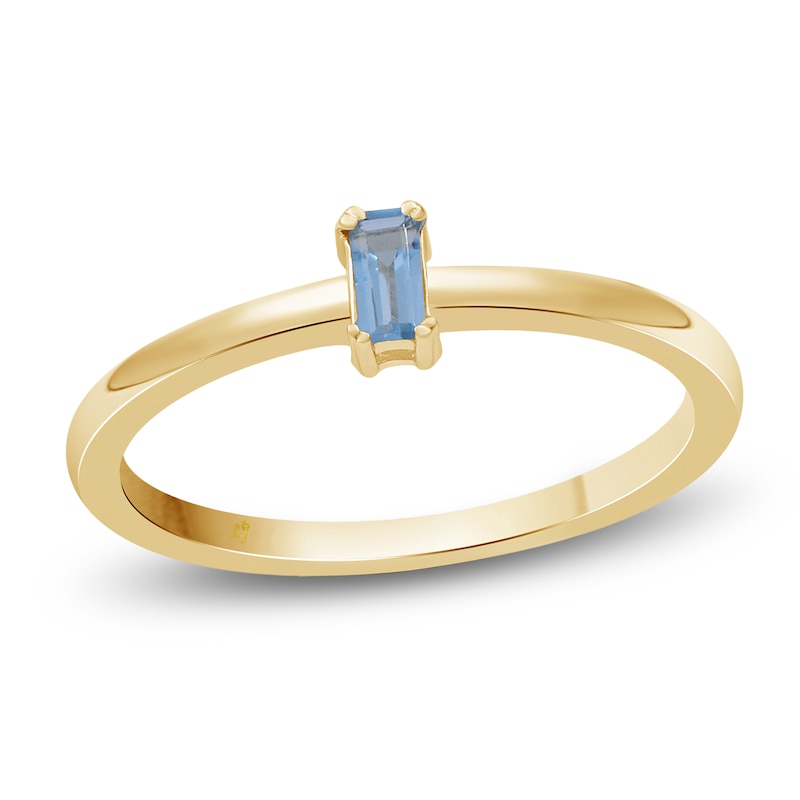 Main Image 1 of Baguette-Cut Swiss Blue Topaz Solitaire Stackable Ring 10K Yellow Gold