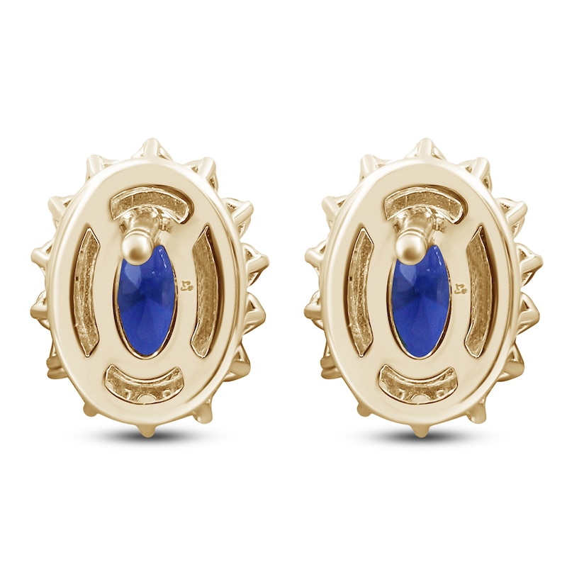 Main Image 2 of Oval-Cut Natural Blue Sapphire & Diamond Starburst Halo Stud Earrings 1/4 ct tw 14K Yellow Gold