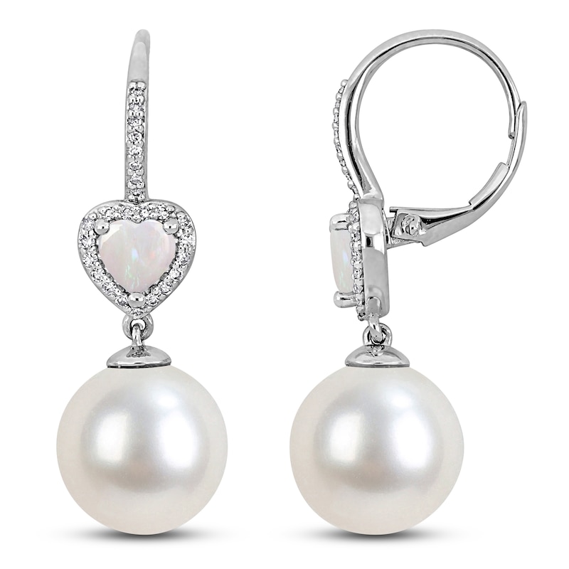 Main Image 1 of Heart-Shaped Natural Opal, Cultured Pearl & Diamond Drop Earrings 1/5 ct tw 10K White Gold