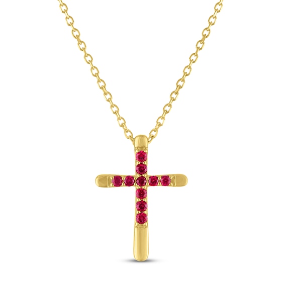 Lab-Created Ruby Cross Necklace 10K Yellow Gold 18"