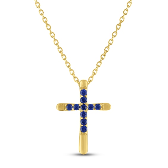 Blue Lab-Created Sapphire Cross Necklace 10K Yellow Gold 18"