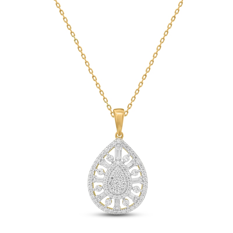 Diamond Drop Necklace 1/2 ct tw Round/Baguette 14K Yellow Gold