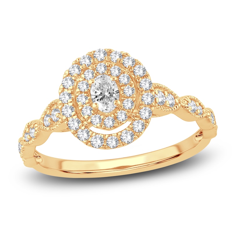 Main Image 1 of Diamond Double Halo Engagement Ring 1/2 ct tw Oval/Round 14K Yellow Gold
