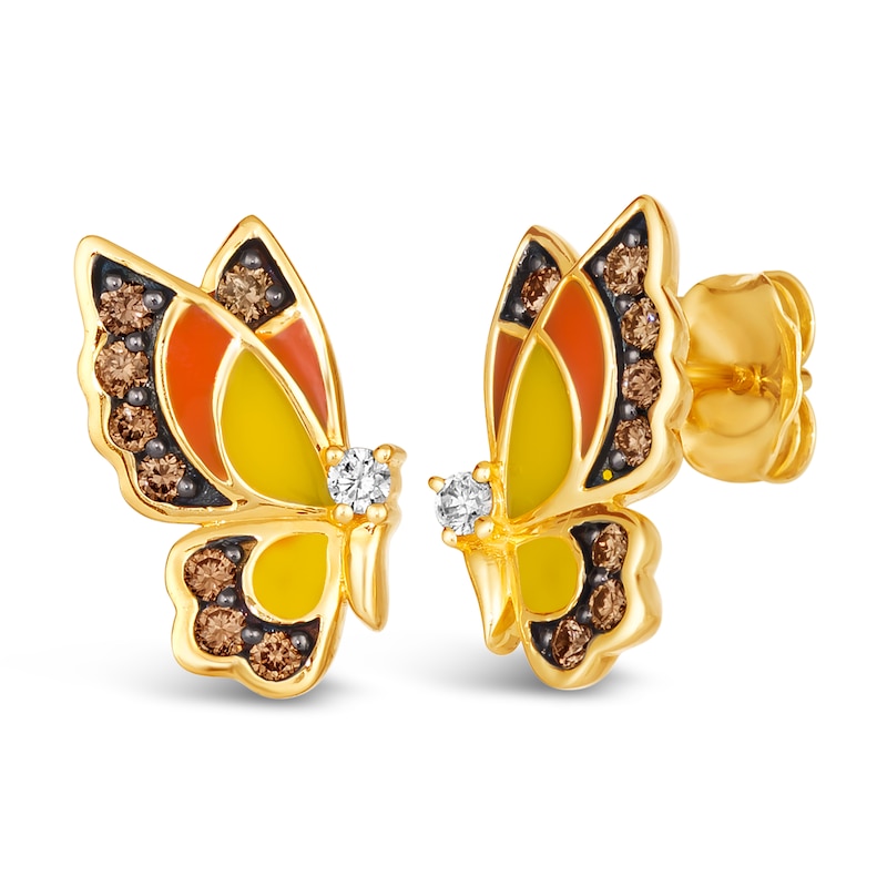 Le Vian Diamond Butterfly Earrings 1/3 ct tw Round Red/Yellow Enamel 14K Honey Gold