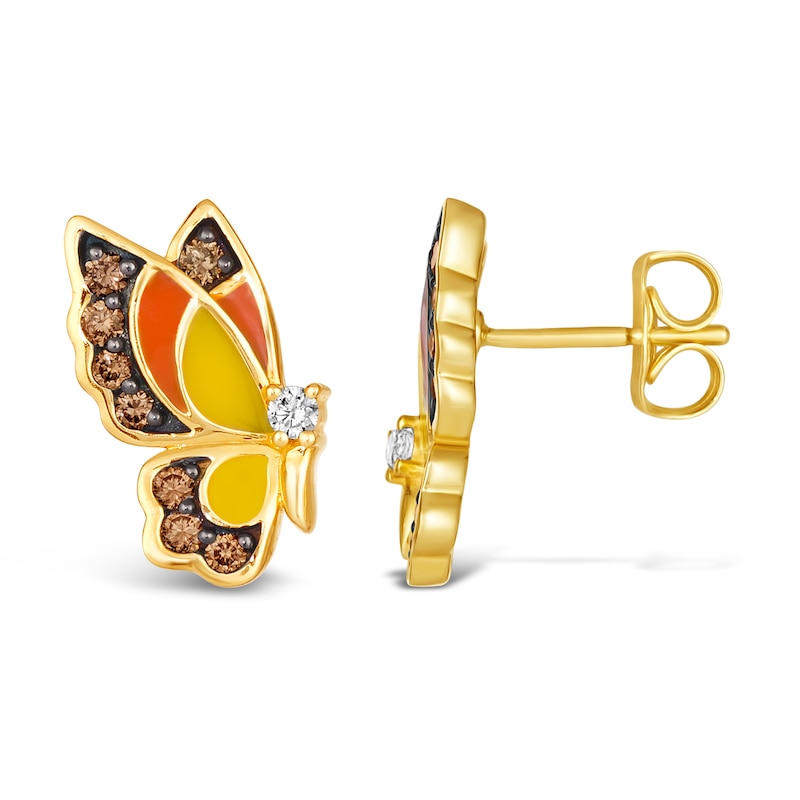 Le Vian Diamond Butterfly Earrings 1/3 ct tw Round Red/Yellow Enamel 14K Honey Gold