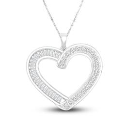 Diamond Heart Pendant Necklace 1/2 ct tw Round/Baguette 14K White Gold 18"