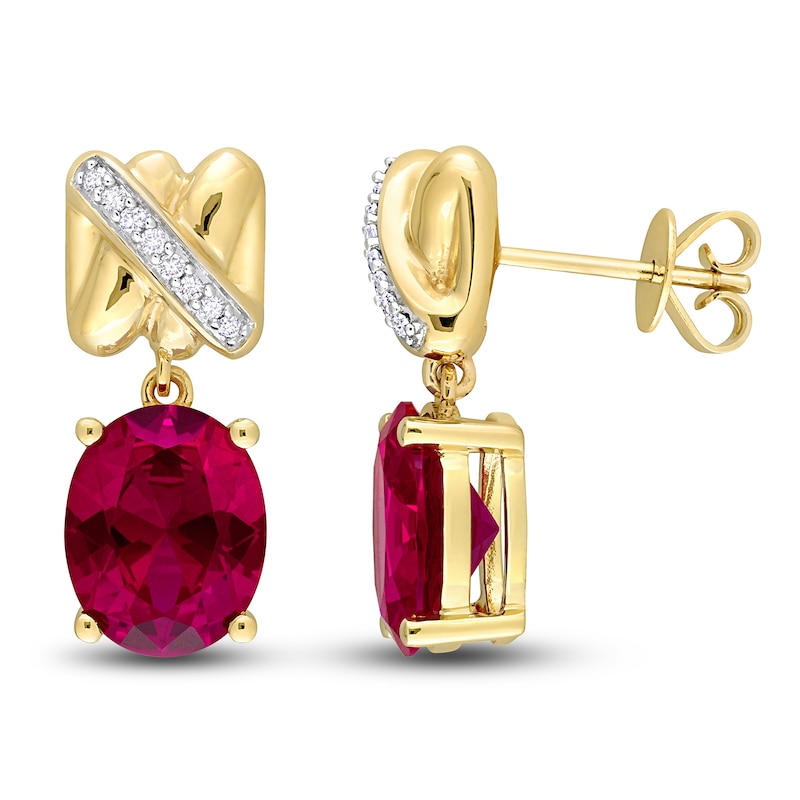 Main Image 1 of Y-Knot Lab-Created Ruby Earrings 1/15 Diamonds 14K Yellow Gold