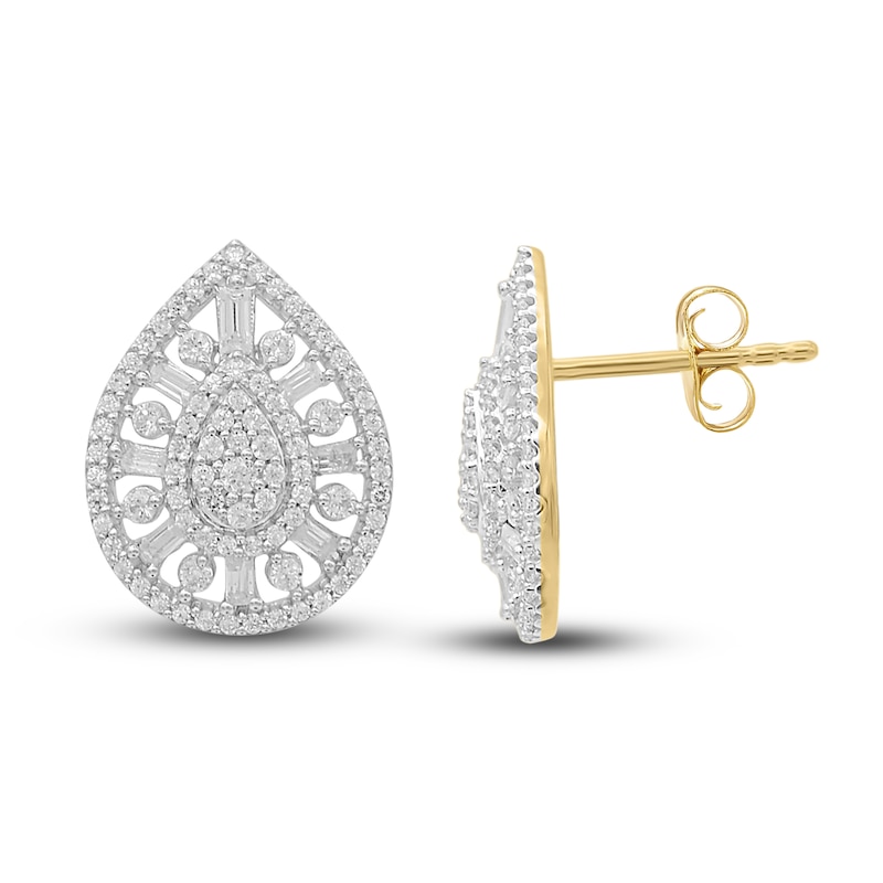 Diamond Drop Earrings 3/4 ct tw Round/Baguette 14K Yellow Gold