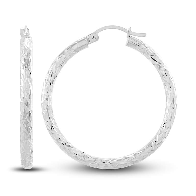 Diamond-Cut Round Tube Hoop Earrings 14K White Gold