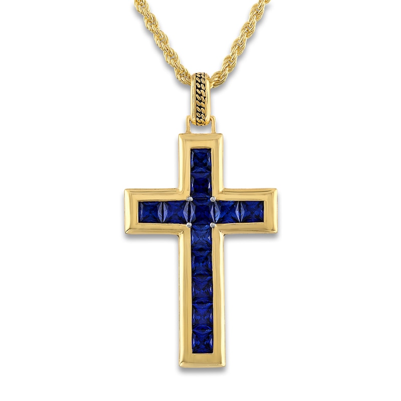 Main Image 1 of 1933 by Esquire Men's Lab-Created Sapphire Pendant Necklace 18K Yellow Gold-Plated Sterling Silver 22"
