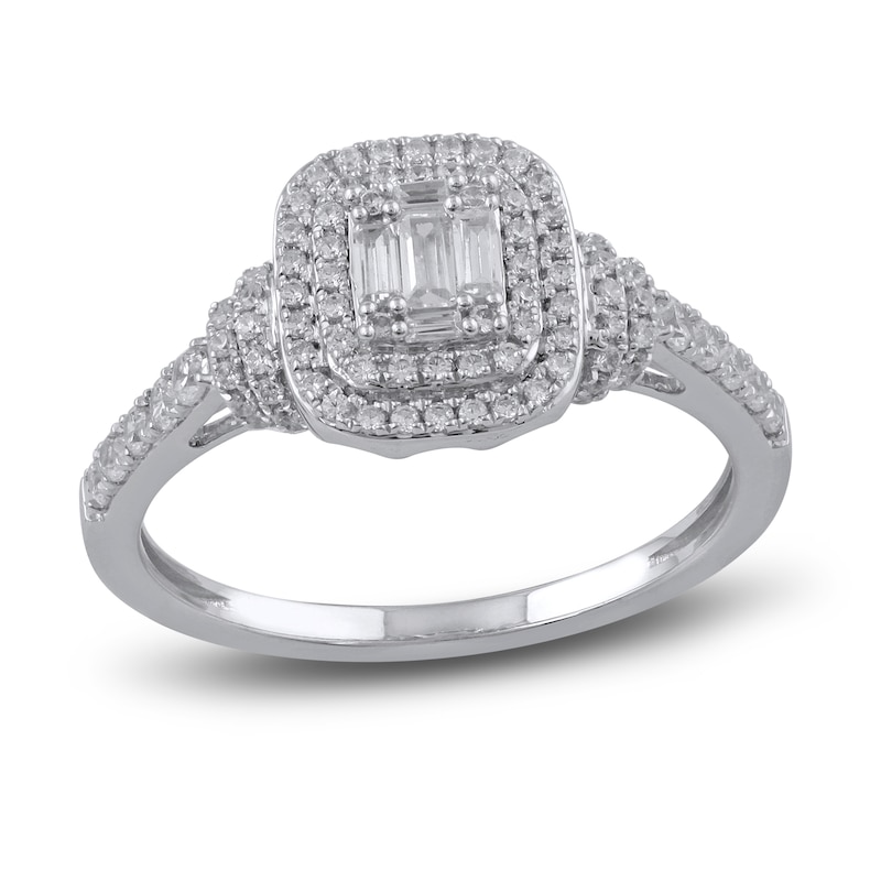 Diamond Halo Engagement Ring 1/2 ct tw Baguette/Round 14K White Gold