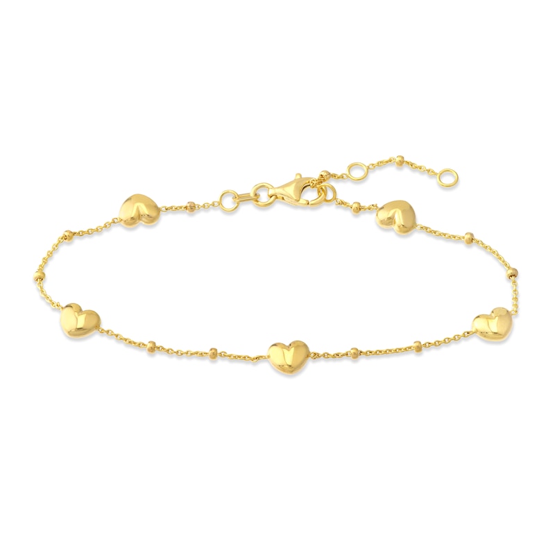 Puffy Heart Station Bracelet 14K Yellow Gold 6.8" Adj.