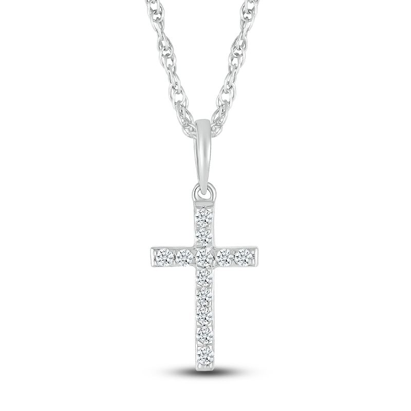 Main Image 1 of Diamond Cross Pendant Necklace 1/15 ct tw Round 10K White Gold 18"