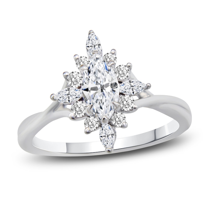 Main Image 1 of Diamond Halo Engagement Ring 5/8 ct tw Marquise/Round 14K White Gold