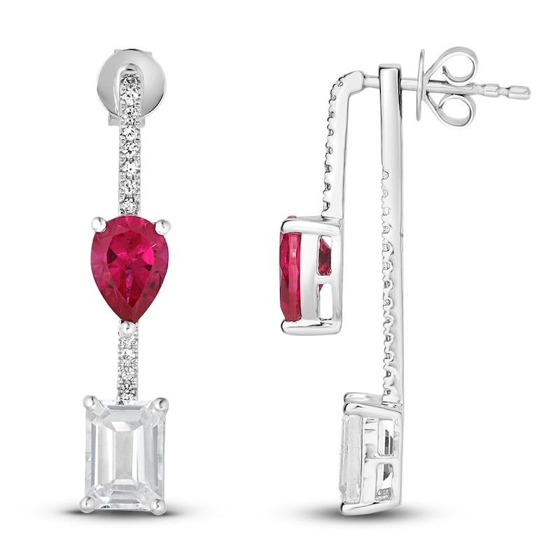 Lab-Created Ruby & White Lab-Created Sapphire Dangle Earrings 10K White Gold