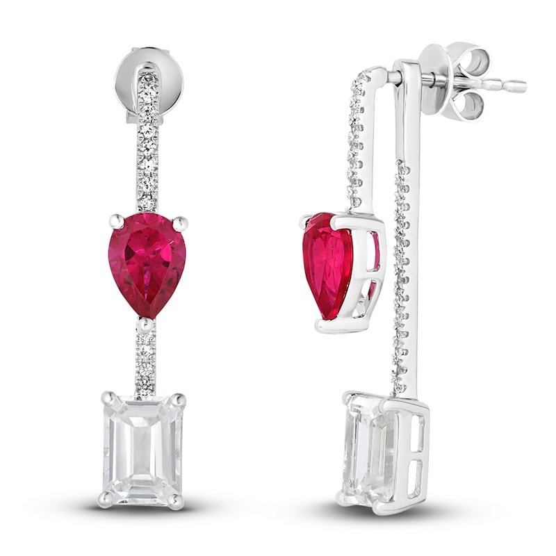Main Image 3 of Lab-Created Ruby & White Lab-Created Sapphire Dangle Earrings 10K White Gold