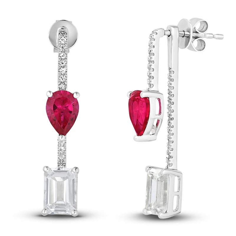 Lab-Created Ruby & White Lab-Created Sapphire Dangle Earrings 10K White Gold