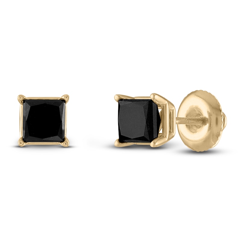 Main Image 1 of Black Diamond Solitaire Stud Earrings 2 ct tw Round 10K Yellow Gold