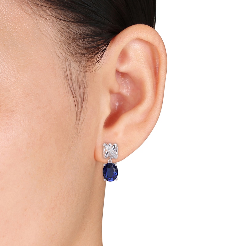 Lab-Created Blue Sapphire Earrings 1/15 Diamonds 14K White Gold