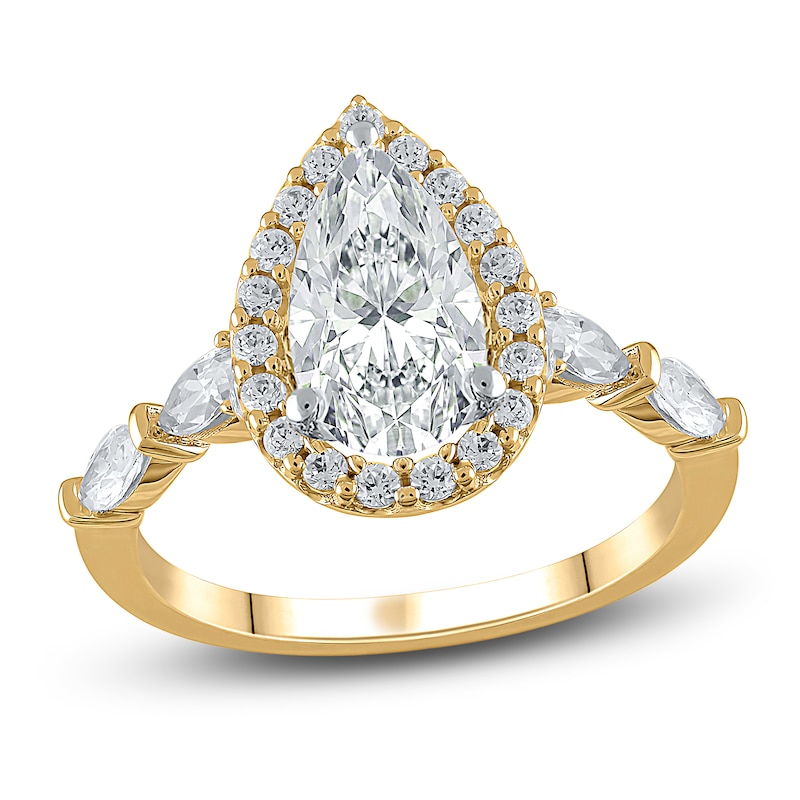 Lab-Created Diamond Engagement Ring 2-1/4 ct tw Pear/Round 14K Yellow Gold