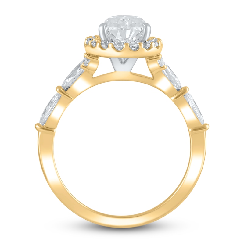 Lab-Created Diamond Engagement Ring 2-1/4 ct tw Pear/Round 14K Yellow Gold