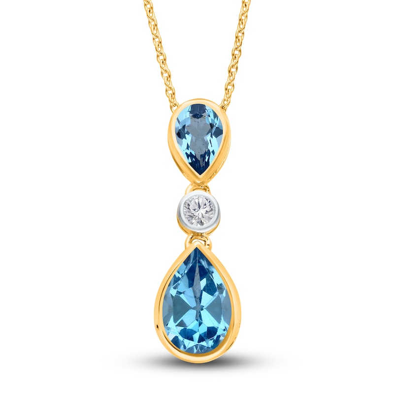 Kallati Pear-Shaped Natural Blue Topaz Necklace 1/15 ct tw Diamonds 14K Yellow Gold 18"