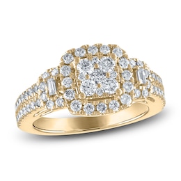 Round & Baguette-Cut Diamond Engagement Ring 1-1/8 ct tw 14K Yellow Gold