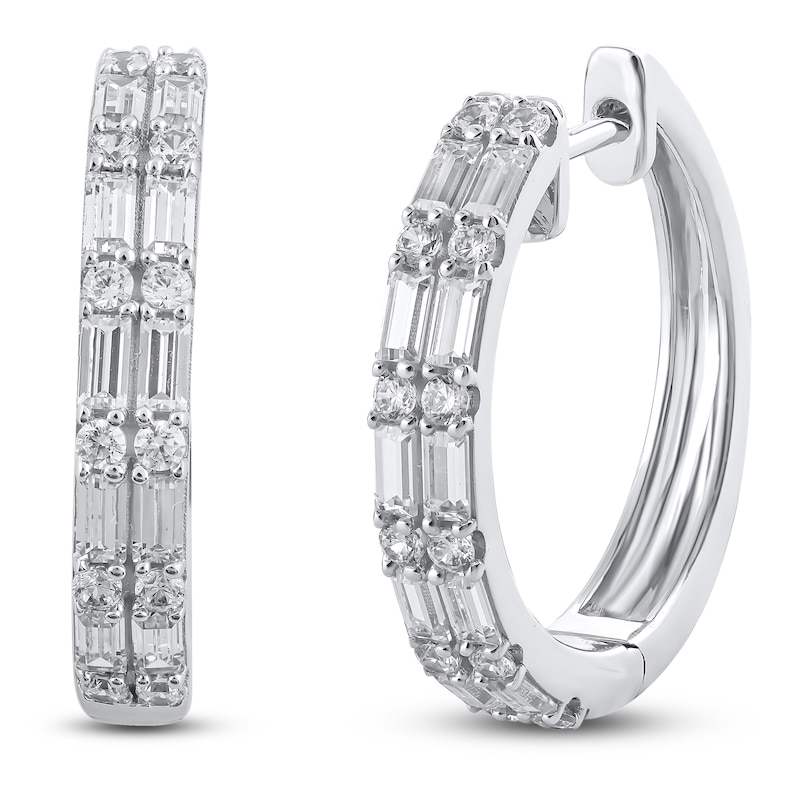 Main Image 1 of Baguette-Cut & Round Diamond Huggie Earrings 1 ct tw 14K White Gold