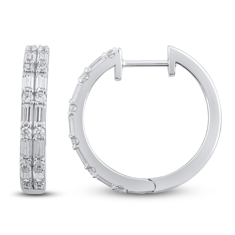 Main Image 2 of Baguette-Cut & Round Diamond Huggie Earrings 1 ct tw 14K White Gold