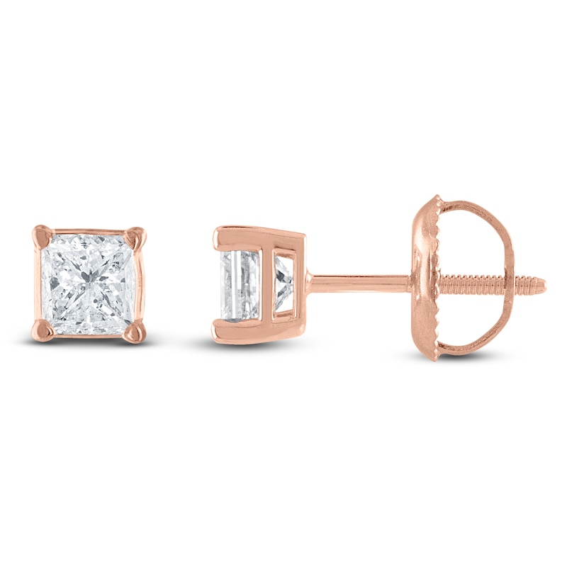 Main Image 1 of Certified Princess-Cut Diamond Solitaire Stud Earrings 1/2 ct tw 14K Rose Gold (I/I1)