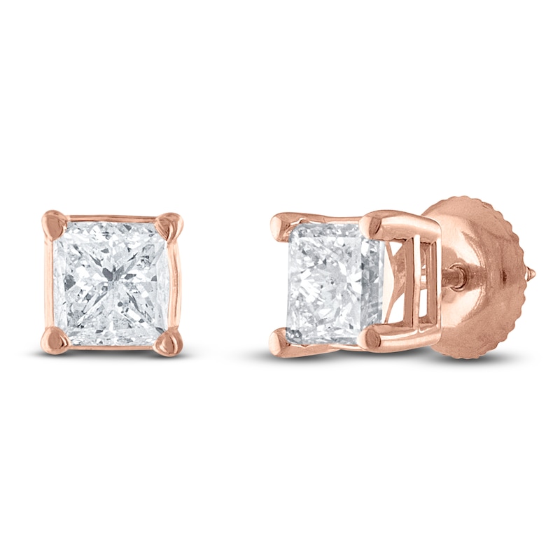 Main Image 2 of Certified Princess-Cut Diamond Solitaire Stud Earrings 1/2 ct tw 14K Rose Gold (I/I1)