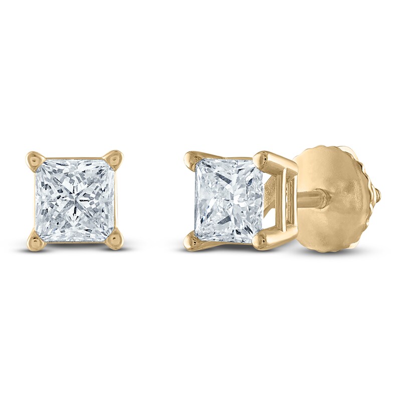 Main Image 2 of Princess-Cut Diamond Solitaire Stud Earrings 1/2 ct tw 14K Yellow Gold (I/I2)