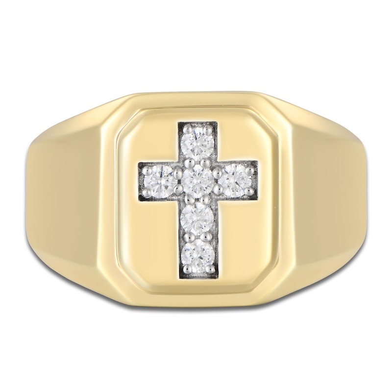 Main Image 1 of Men's Diamond Cross Signet Ring 1/3 ct tw 10K Yellow Gold