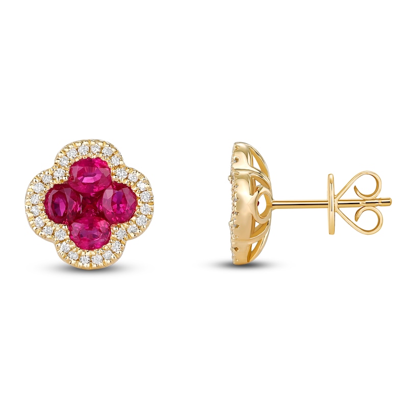 Main Image 2 of Oval & Square-Cut Natural Ruby & Diamond Quatrefoil Stud Earrings 1/5 ct tw 14K Yellow Gold