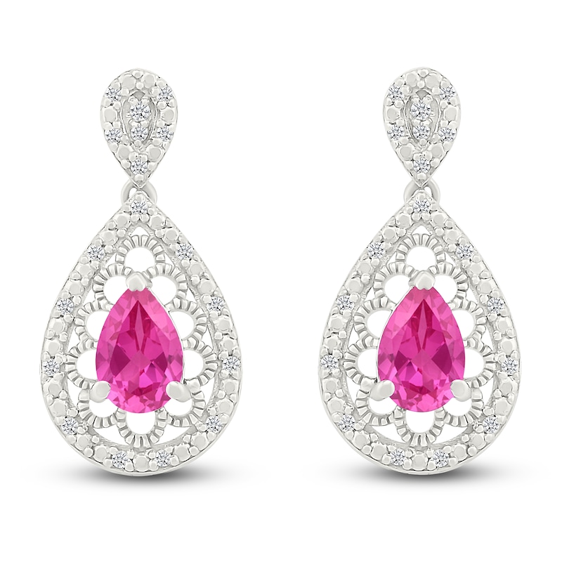 Main Image 1 of Pear-Shaped Pink Lab-Created Sapphire & Diamond Filigree Dangle Earrings 1/6 ct tw Sterling Silver