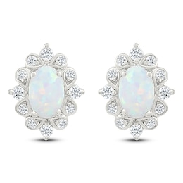 Oval-Cut Lab-Created Opal & White Lab-Created Sapphire Stud Earrings Sterling Silver