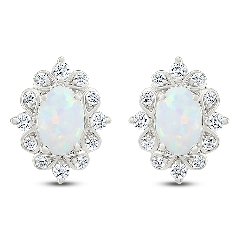 Main Image 1 of Oval-Cut Lab-Created Opal & White Lab-Created Sapphire Stud Earrings Sterling Silver