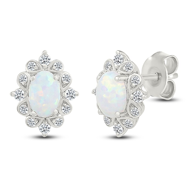 Main Image 2 of Oval-Cut Lab-Created Opal & White Lab-Created Sapphire Stud Earrings Sterling Silver