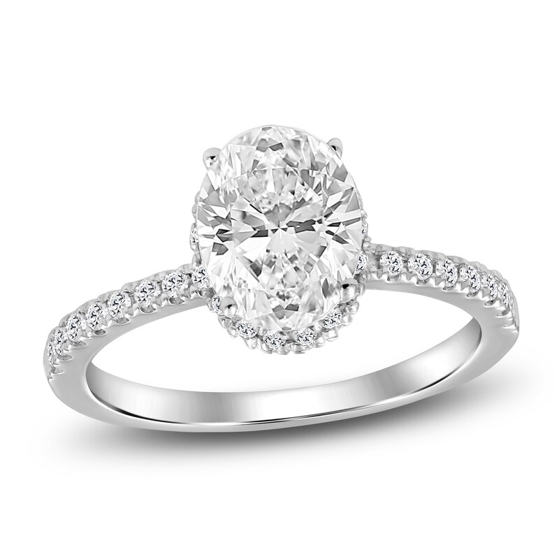 Main Image 1 of Oval-Cut Lab-Grown Diamond Halo Engagement Ring 1-1/2 ct tw Platinum
