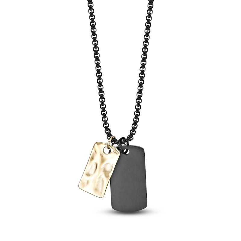 Main Image 1 of Men's Hammered & Smooth Double Dog Tag Necklace Black & Yellow Ion-Plated Stainless Steel 22"