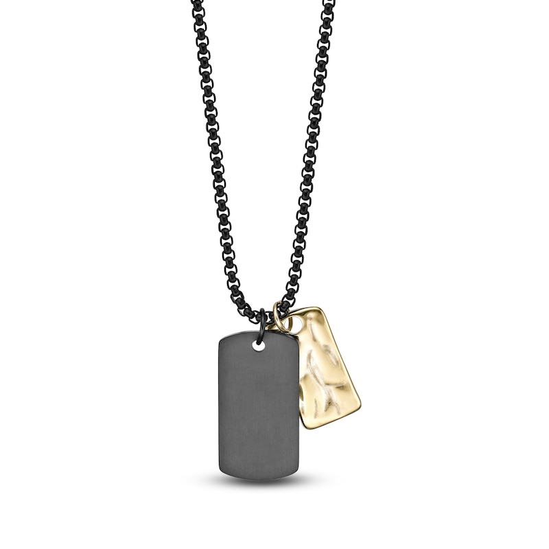 Main Image 3 of Men's Hammered & Smooth Double Dog Tag Necklace Black & Yellow Ion-Plated Stainless Steel 22"